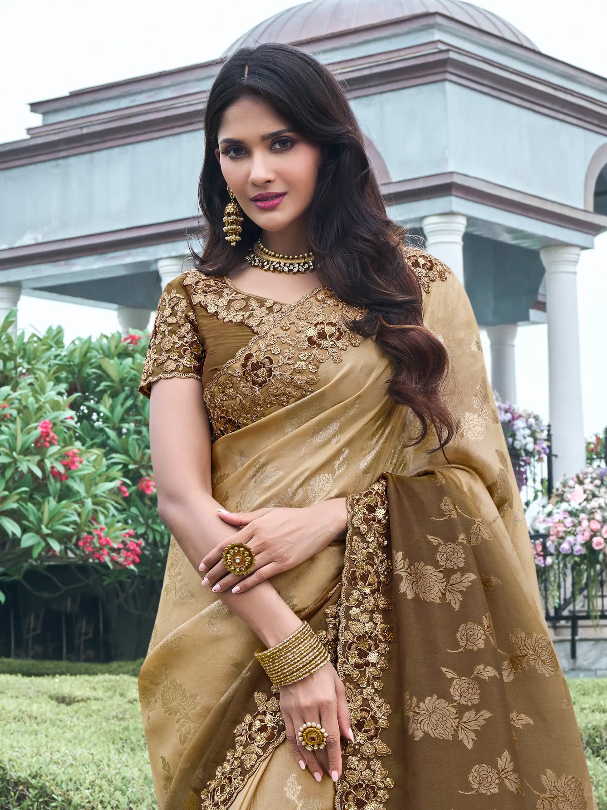 Adorable Brown Zari Woven Organza Silk Wedding Saree With Blouse - Zeel Clothing