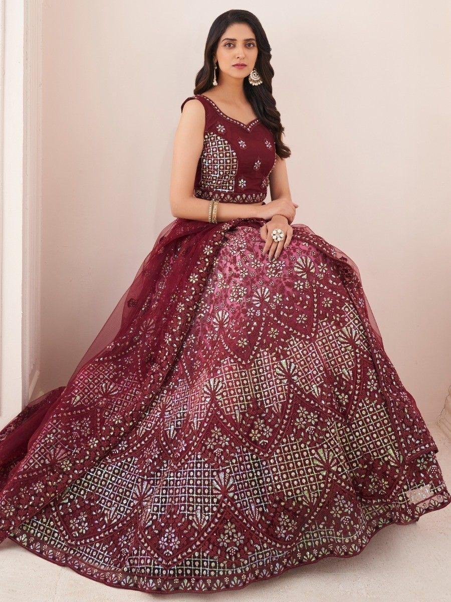 Adorable Burgundy Sequins Soft Net Wedding Wear Lehenga Choli