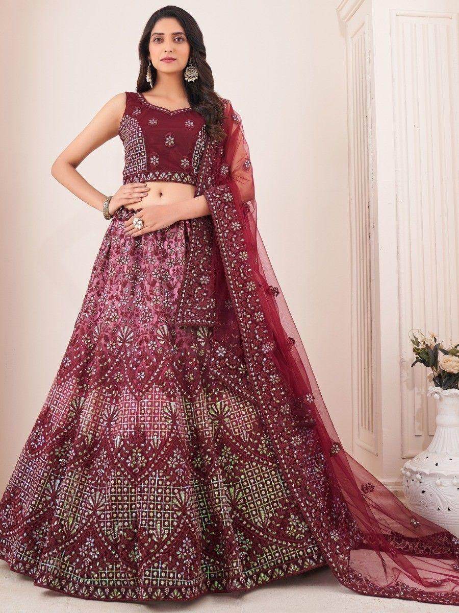 Adorable Burgundy Sequins Soft Net Wedding Wear Lehenga Choli - Zeel Clothing