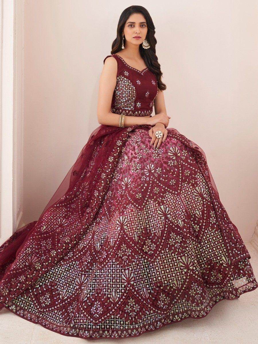 Adorable Burgundy Sequins Soft Net Wedding Wear Lehenga Choli - Zeel Clothing
