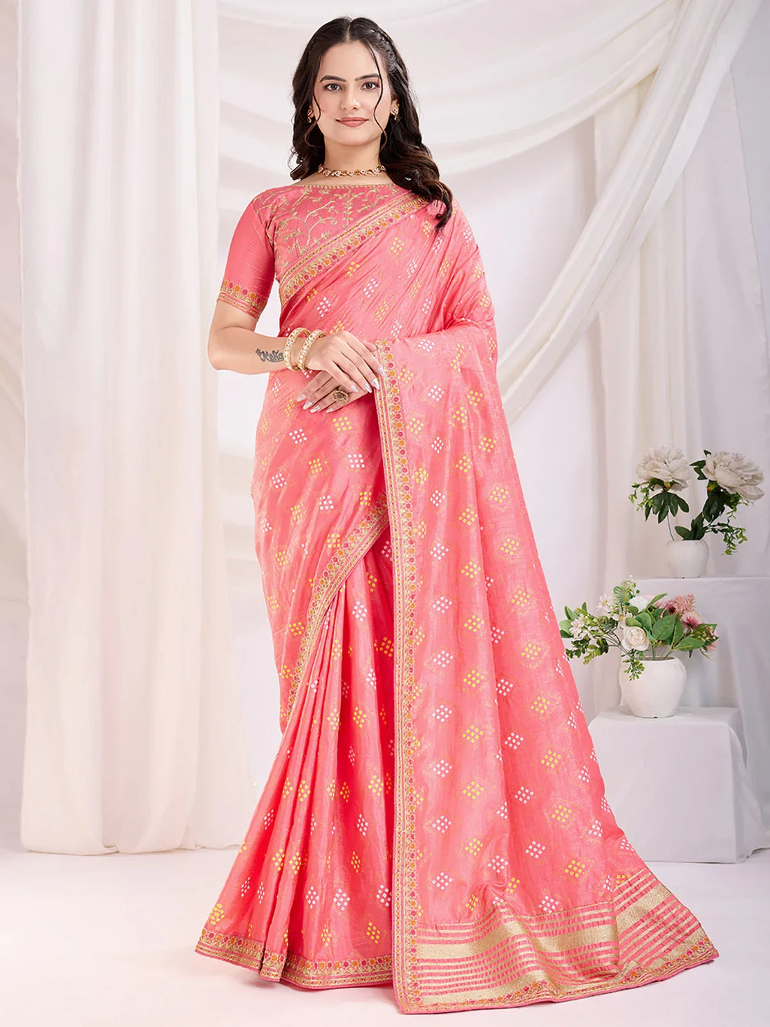 Adorable Coral Pink Bandhej Printed Silk Festive Wear Saree - Zeel Clothing