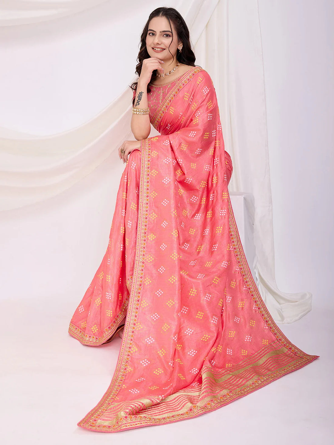 Adorable Coral Pink Bandhej Printed Silk Festive Wear Saree - Zeel Clothing