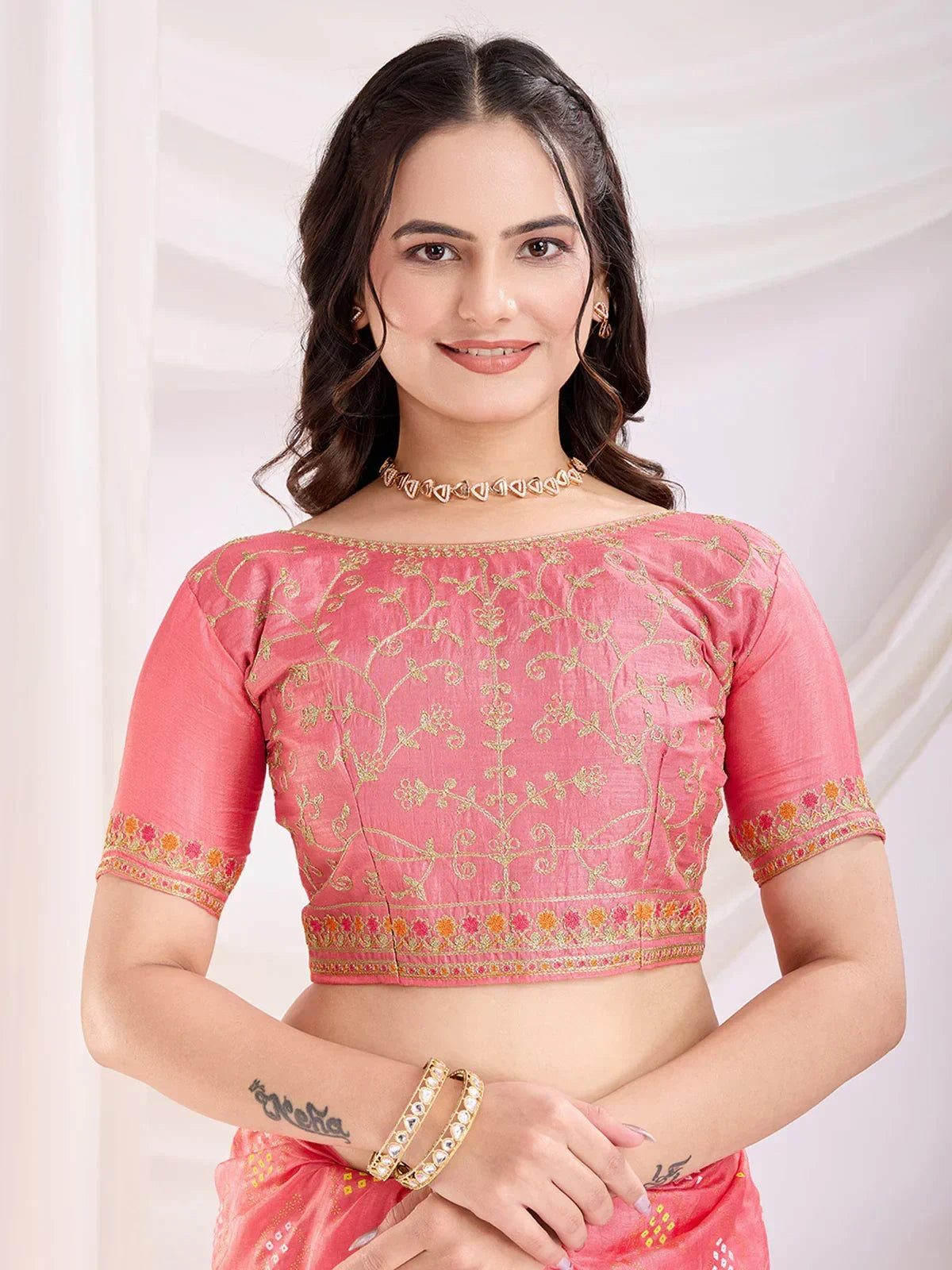 Adorable Coral Pink Bandhej Printed Silk Festive Wear Saree - Zeel Clothing
