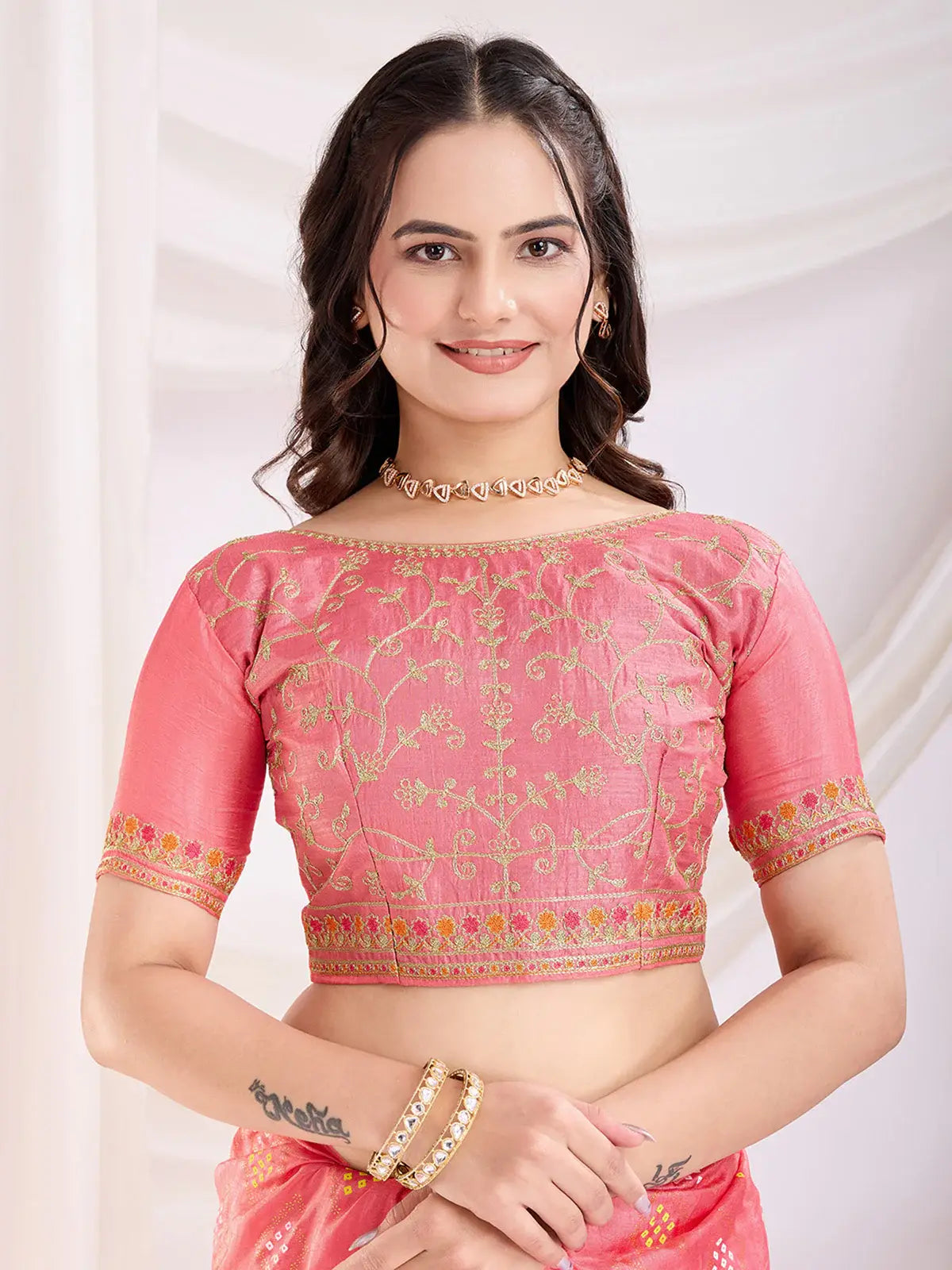 Adorable Coral Pink Bandhej Printed Silk Festive Wear Saree - Zeel Clothing