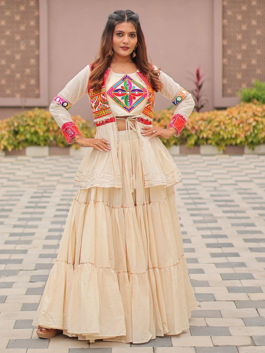 Adorable Cream Cotton Navratri Wear Lehenga Choli With Gamthi Work Koti - Zeel Clothing