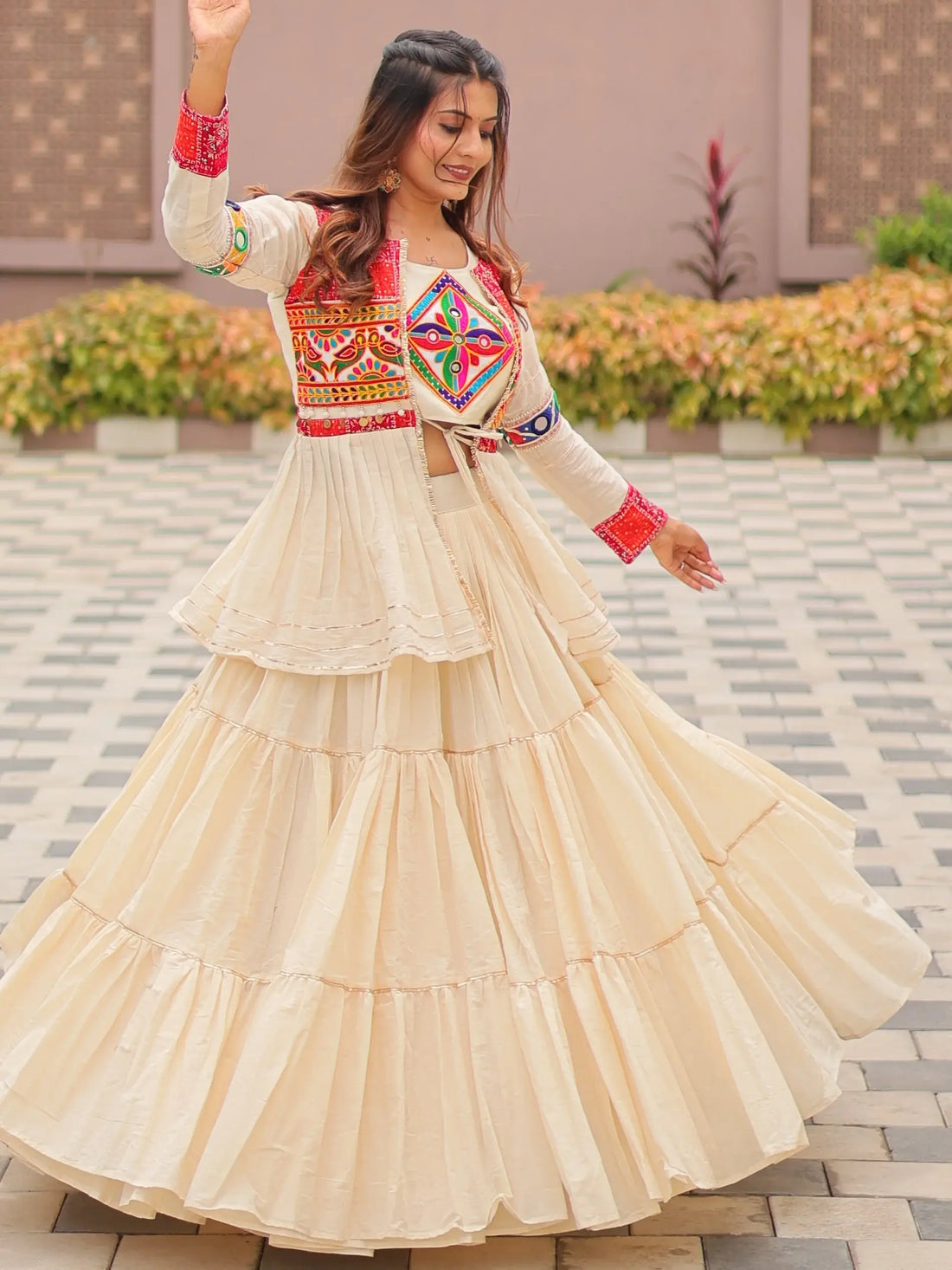 Adorable Cream Cotton Navratri Wear Lehenga Choli With Gamthi Work Koti - Zeel Clothing