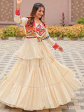 Adorable Cream Cotton Navratri Wear Lehenga Choli With Gamthi Work Koti - Zeel Clothing