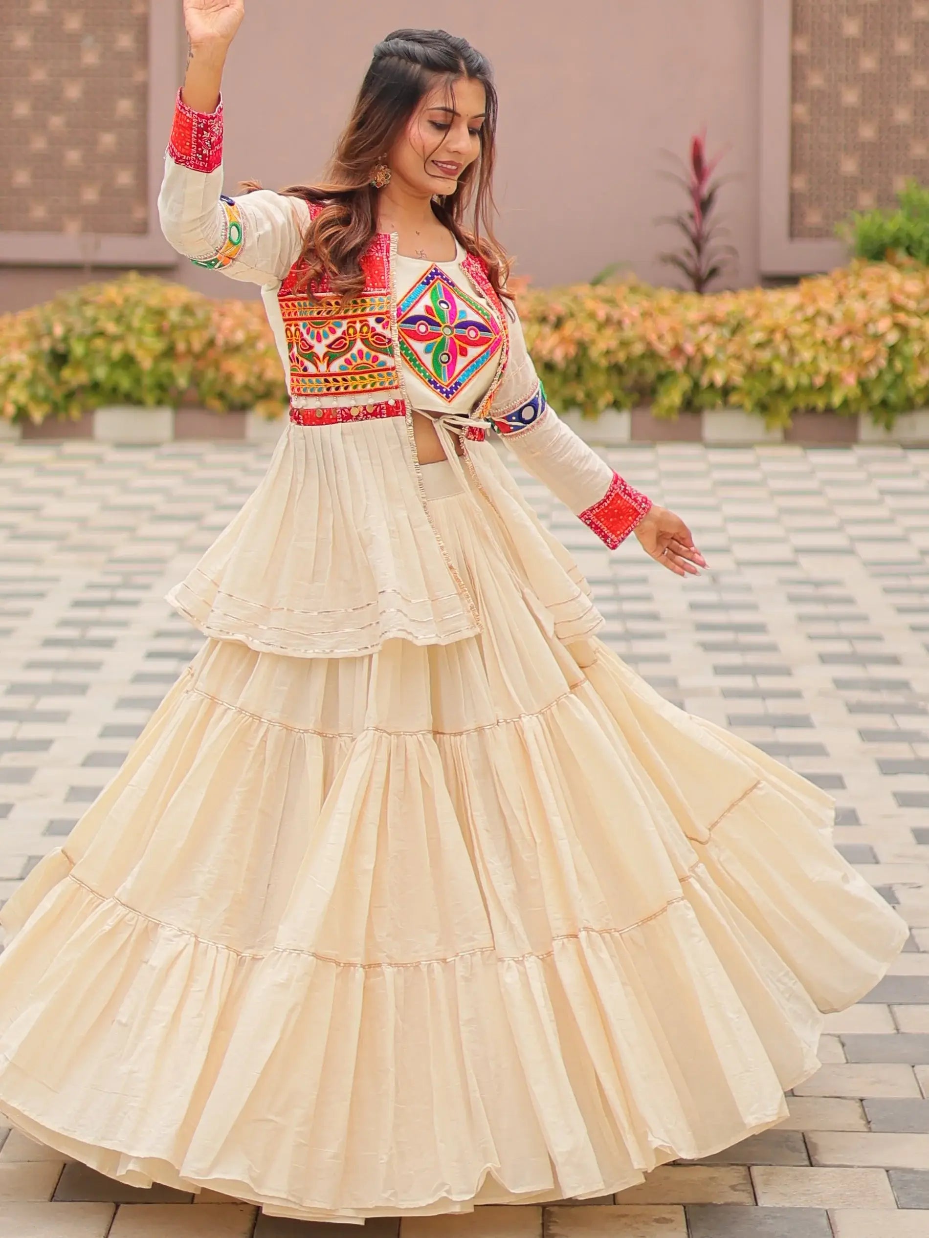 Adorable Cream Cotton Navratri Wear Lehenga Choli With Gamthi Work Koti - Zeel Clothing