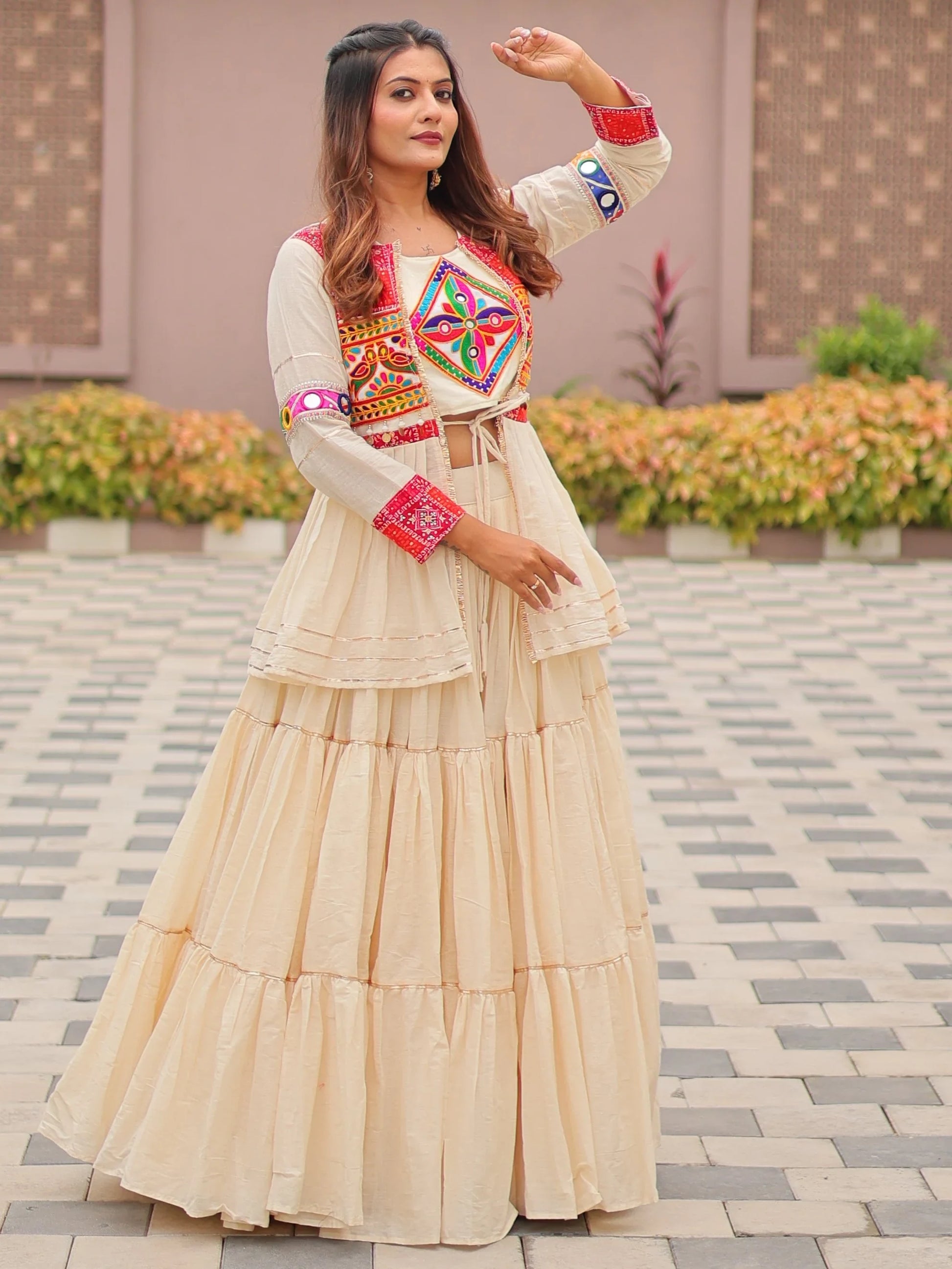 Adorable Cream Cotton Navratri Wear Lehenga Choli With Gamthi Work Koti - Zeel Clothing