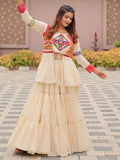 Adorable Cream Cotton Navratri Wear Lehenga Choli With Gamthi Work Koti - Zeel Clothing