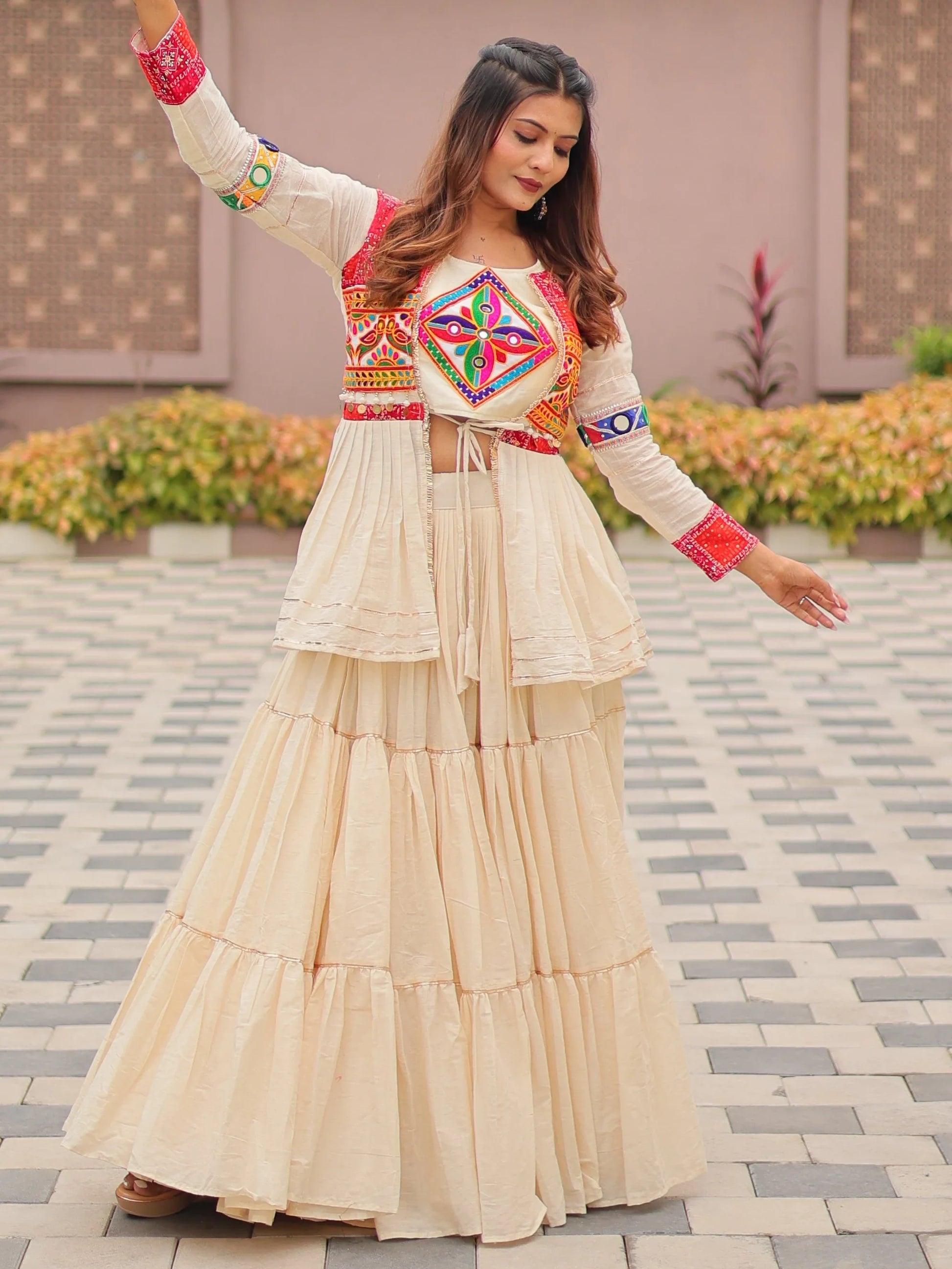 Adorable Cream Cotton Navratri Wear Lehenga Choli With Gamthi Work Koti - Zeel Clothing