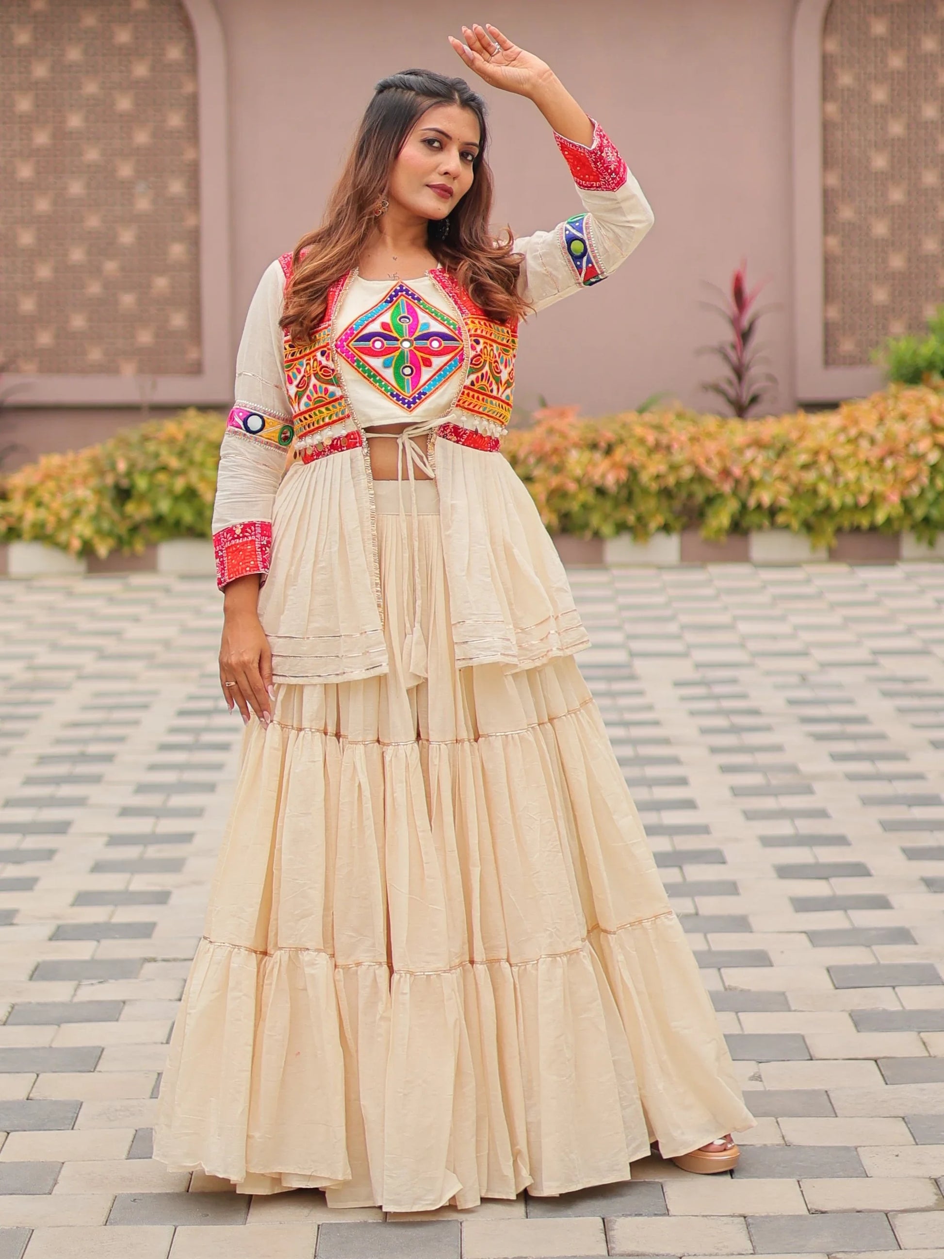 Adorable Cream Cotton Navratri Wear Lehenga Choli With Gamthi Work Koti - Zeel Clothing