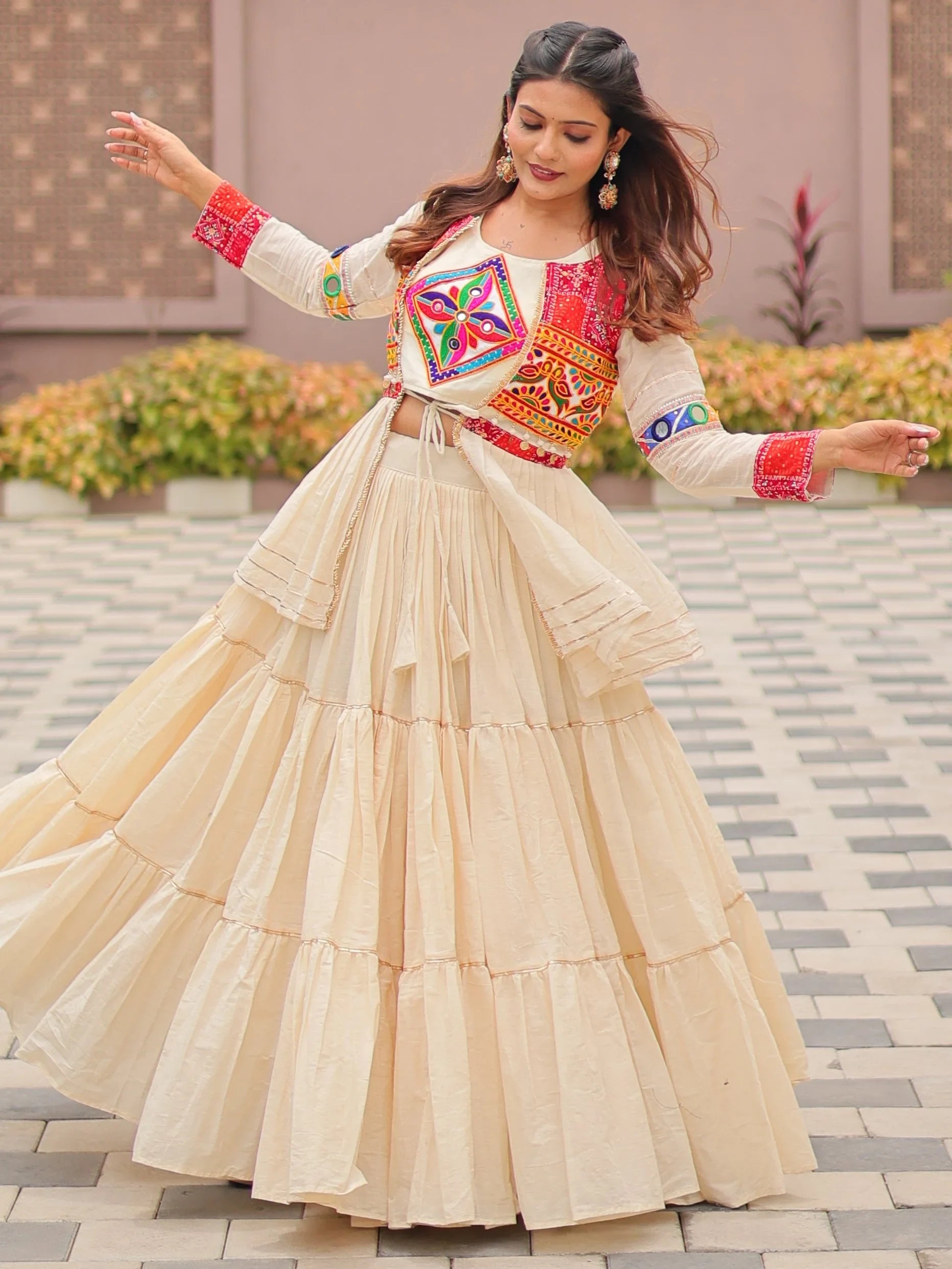 Adorable Cream Cotton Navratri Wear Lehenga Choli With Gamthi Work Koti - Zeel Clothing