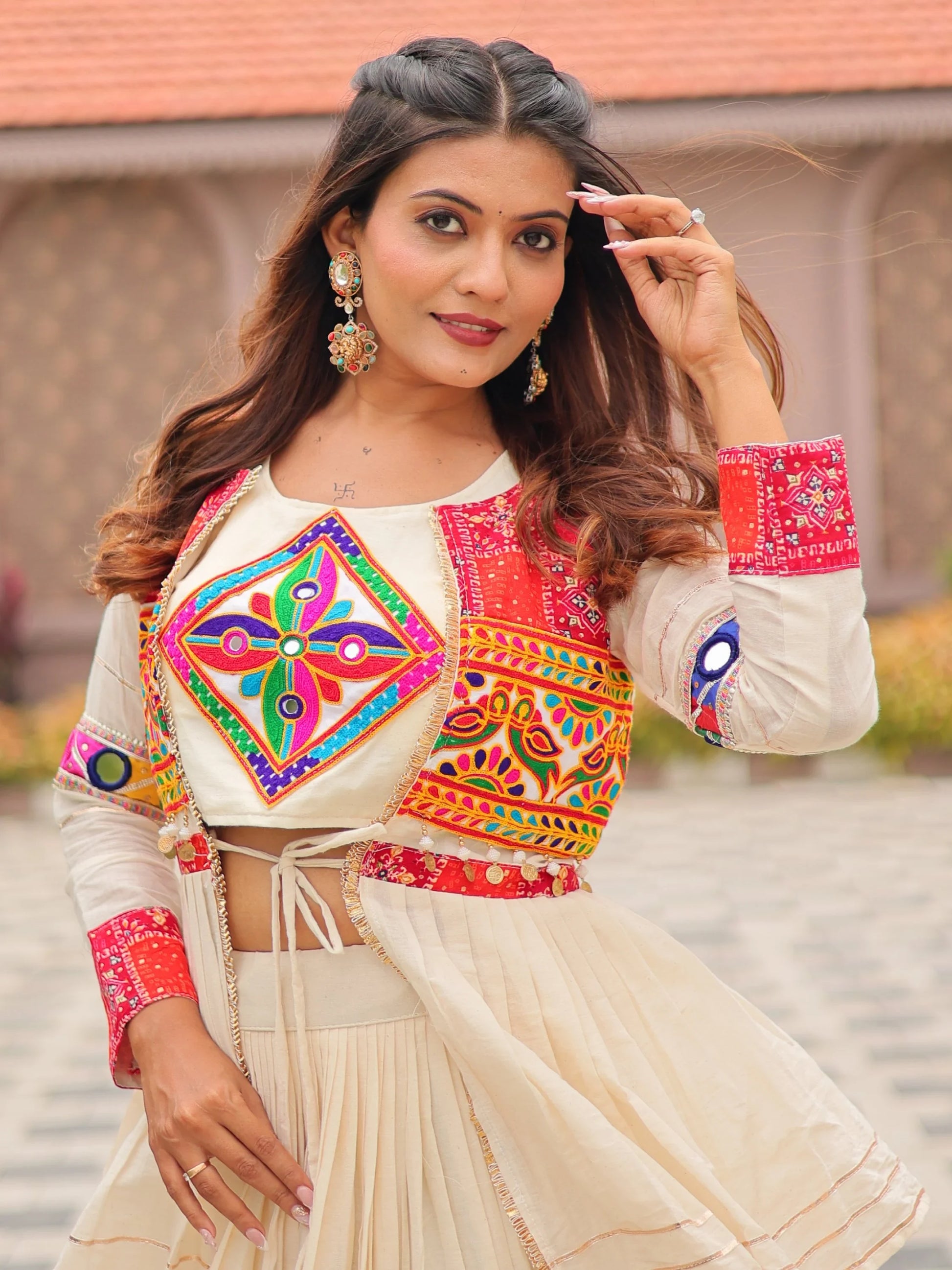 Adorable Cream Cotton Navratri Wear Lehenga Choli With Gamthi Work Koti - Zeel Clothing