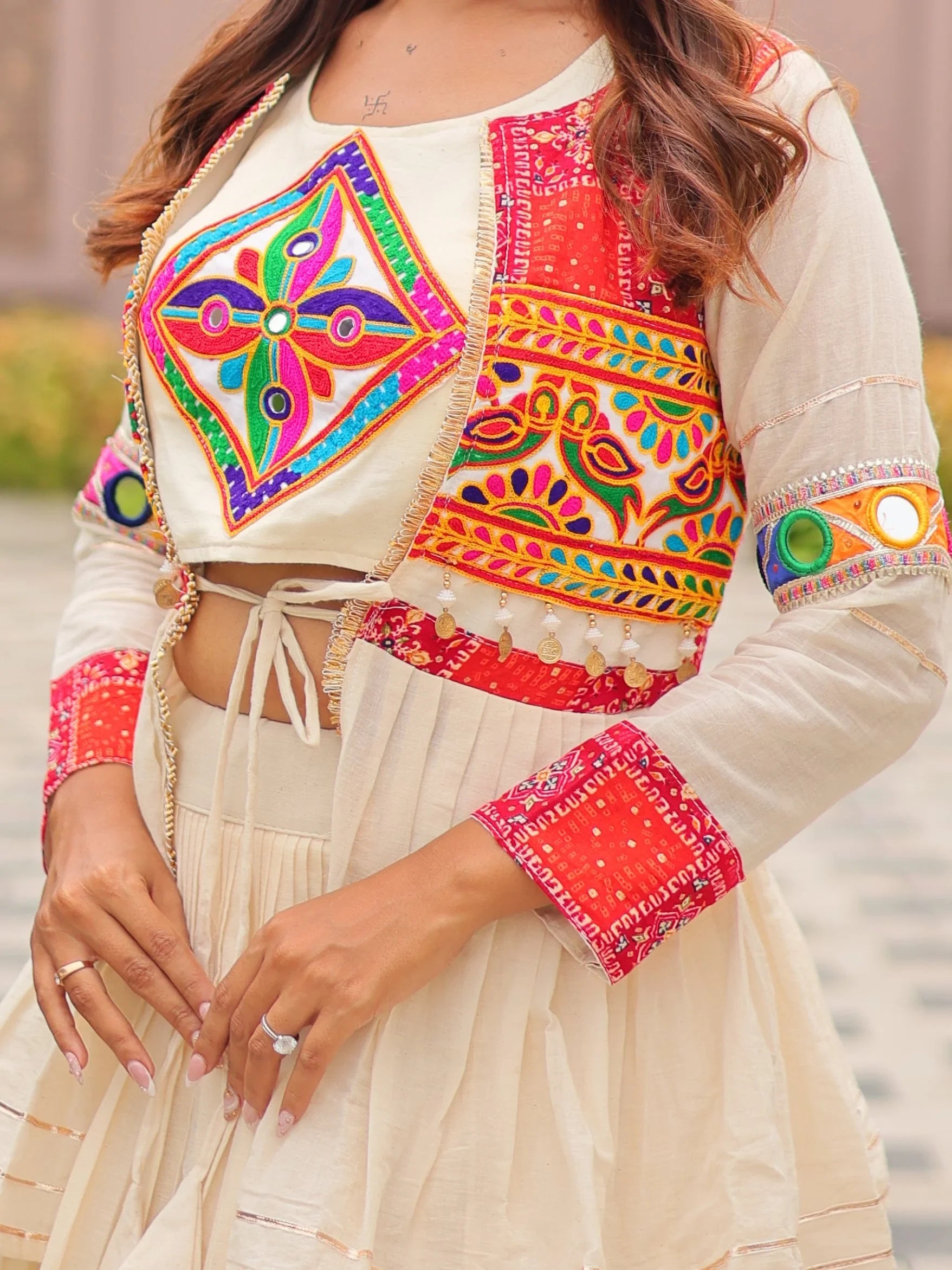 Adorable Cream Cotton Navratri Wear Lehenga Choli With Gamthi Work Koti - Zeel Clothing