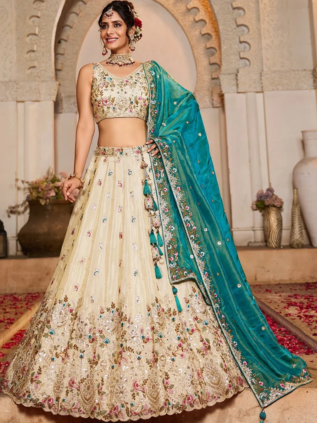 Adorable Cream Sequins Work Tissue Lehenga Choli With Teal Green Dupatta - Zeel Clothing