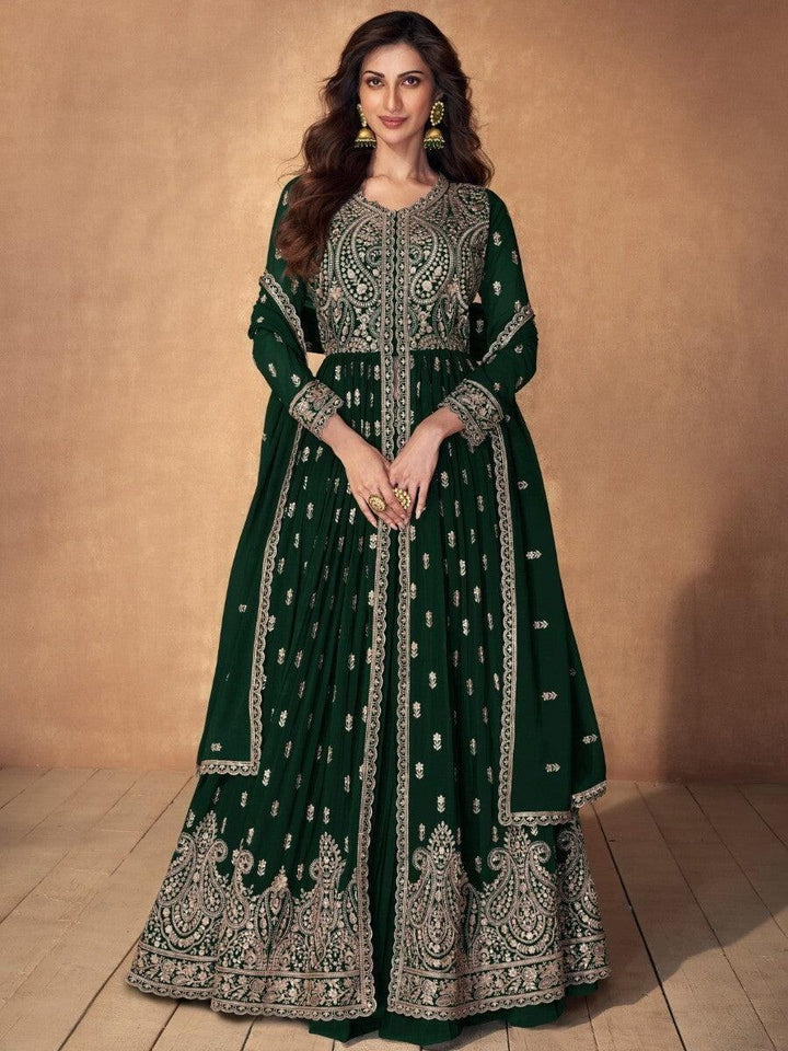 Adorable Dark Green Embroidered Georgette Lehenga Suit With Dupatta
