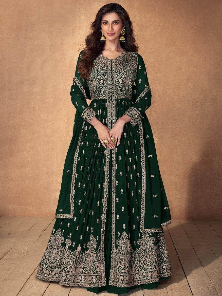 Adorable Dark Green Embroidered Georgette Lehenga Suit With Dupatta - Zeel Clothing