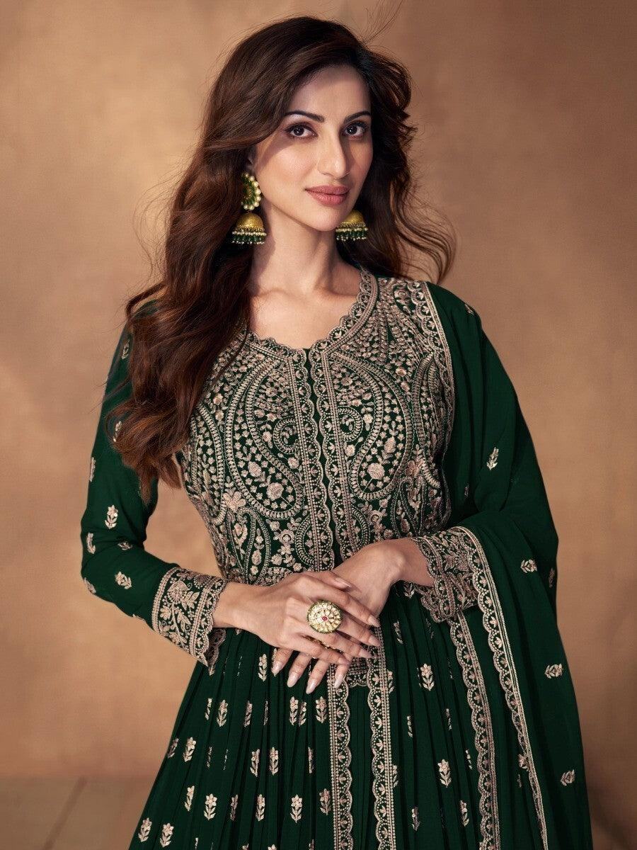 Adorable Dark Green Embroidered Georgette Lehenga Suit With Dupatta