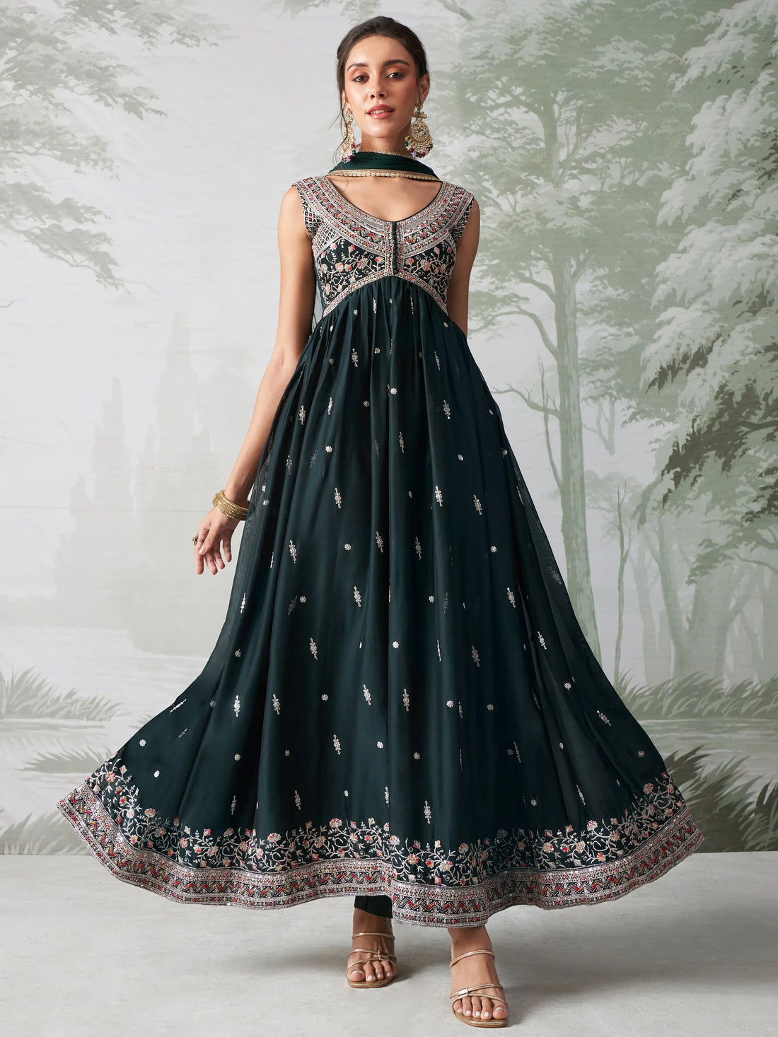 Adorable Dark Green Embroidered Organza Wedding Wear Gown - Zeel Clothing