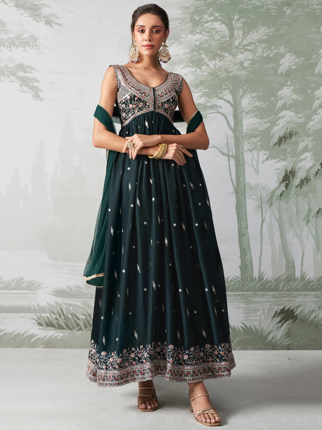 Adorable Dark Green Embroidered Organza Wedding Wear Gown - Zeel Clothing