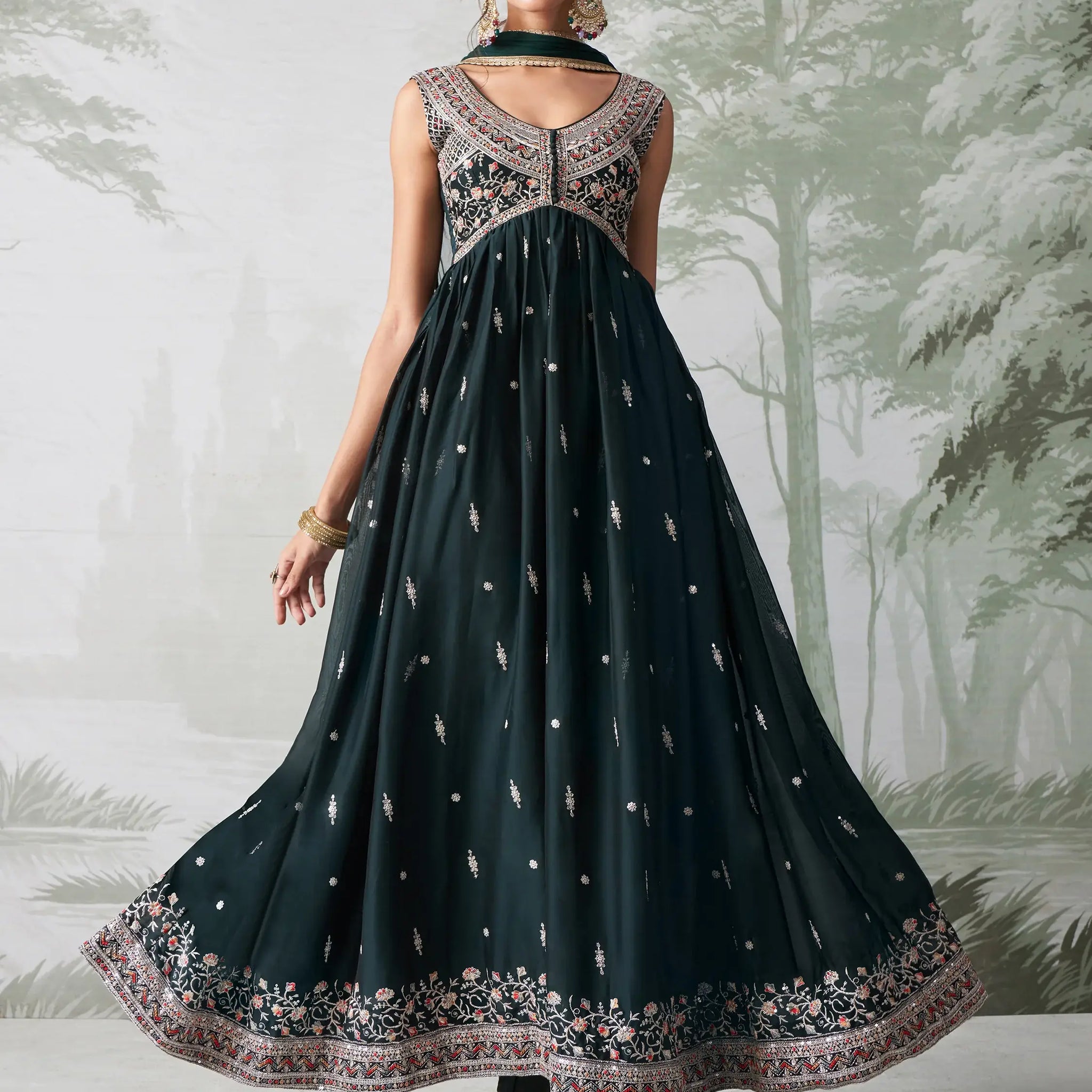 Adorable Dark Green Embroidered Organza Wedding Wear Gown - Zeel Clothing