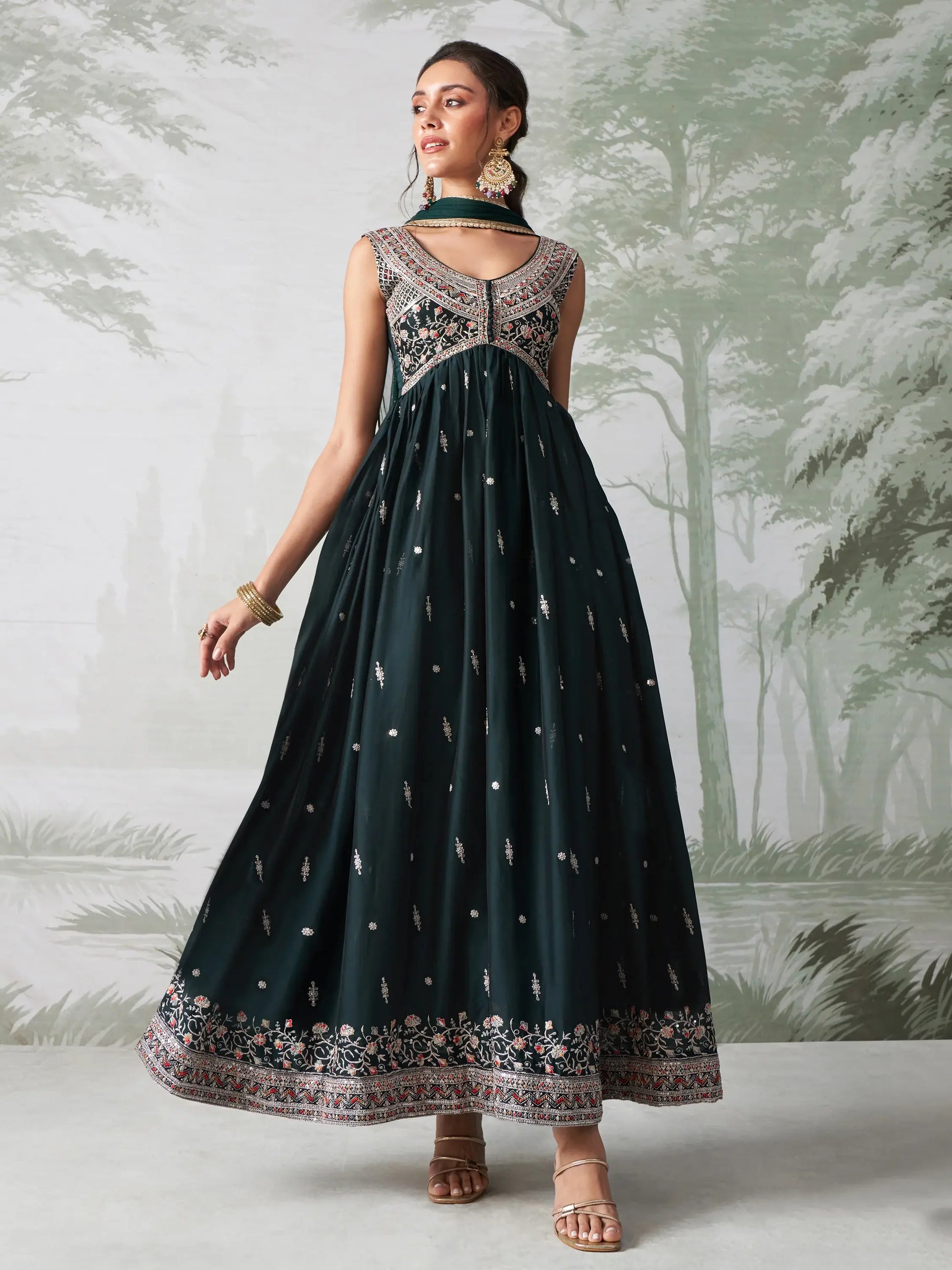 Adorable Dark Green Embroidered Organza Wedding Wear Gown - Zeel Clothing