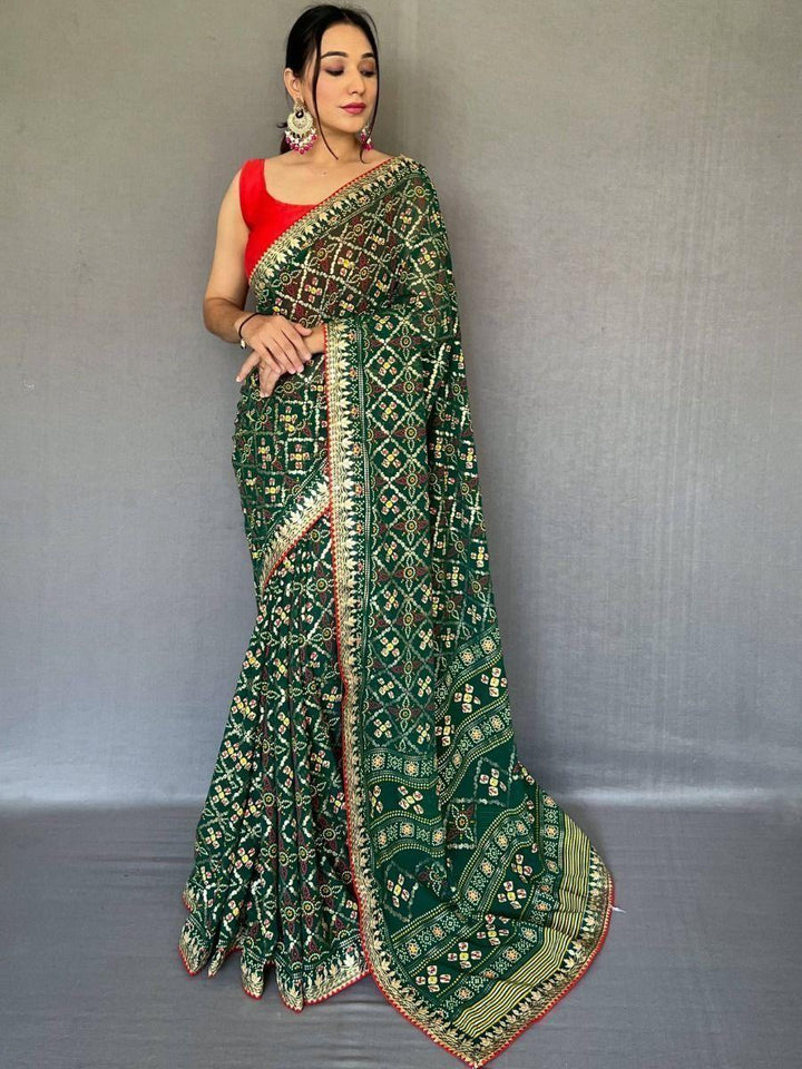 Adorable Dark Green Printed Georgette Wedding Wear Saree With Blouse