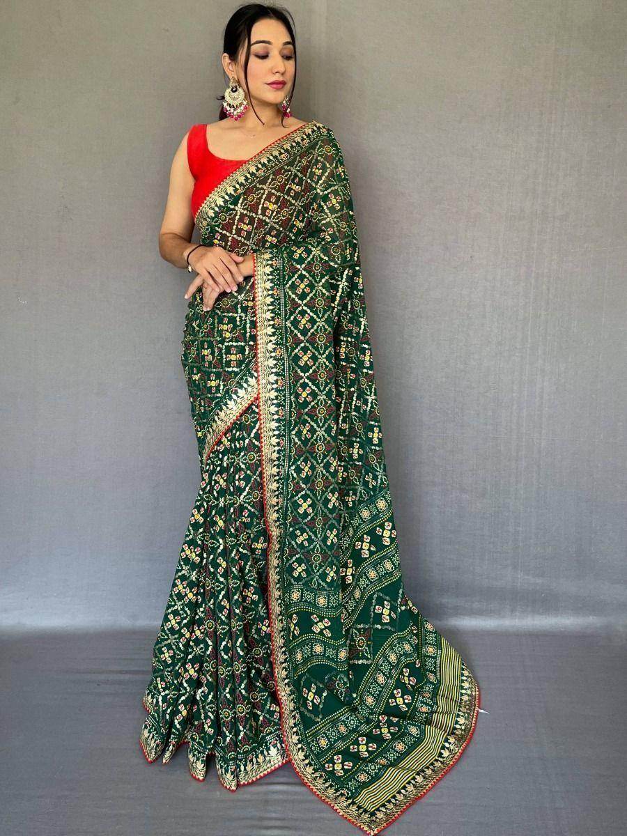 Adorable Dark Green Printed Georgette Wedding Wear Saree With Blouse - Zeel Clothing
