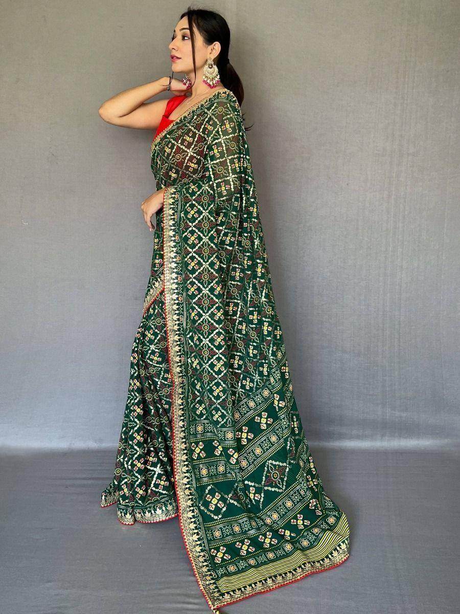 Adorable Dark Green Printed Georgette Wedding Wear Saree With Blouse - Zeel Clothing