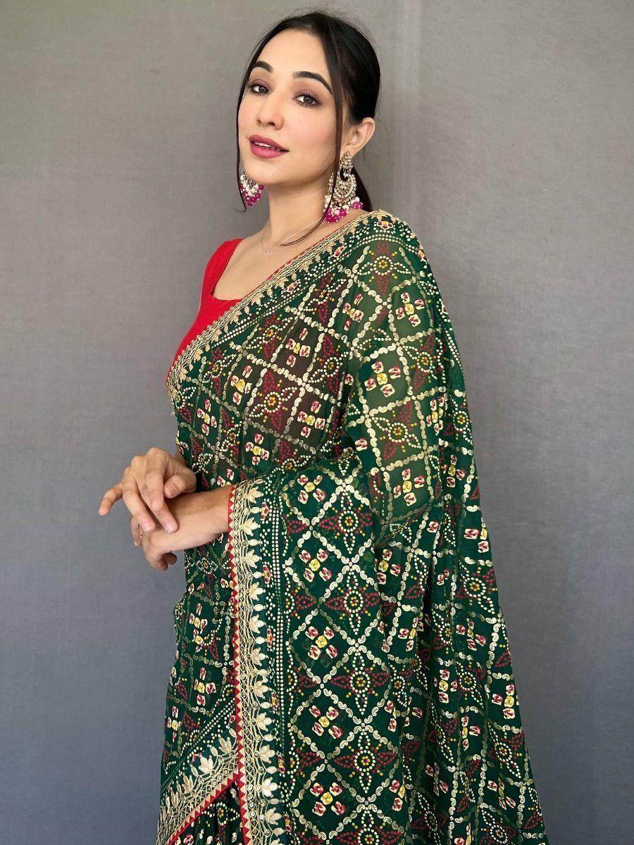 Adorable Dark Green Printed Georgette Wedding Wear Saree With Blouse - Zeel Clothing