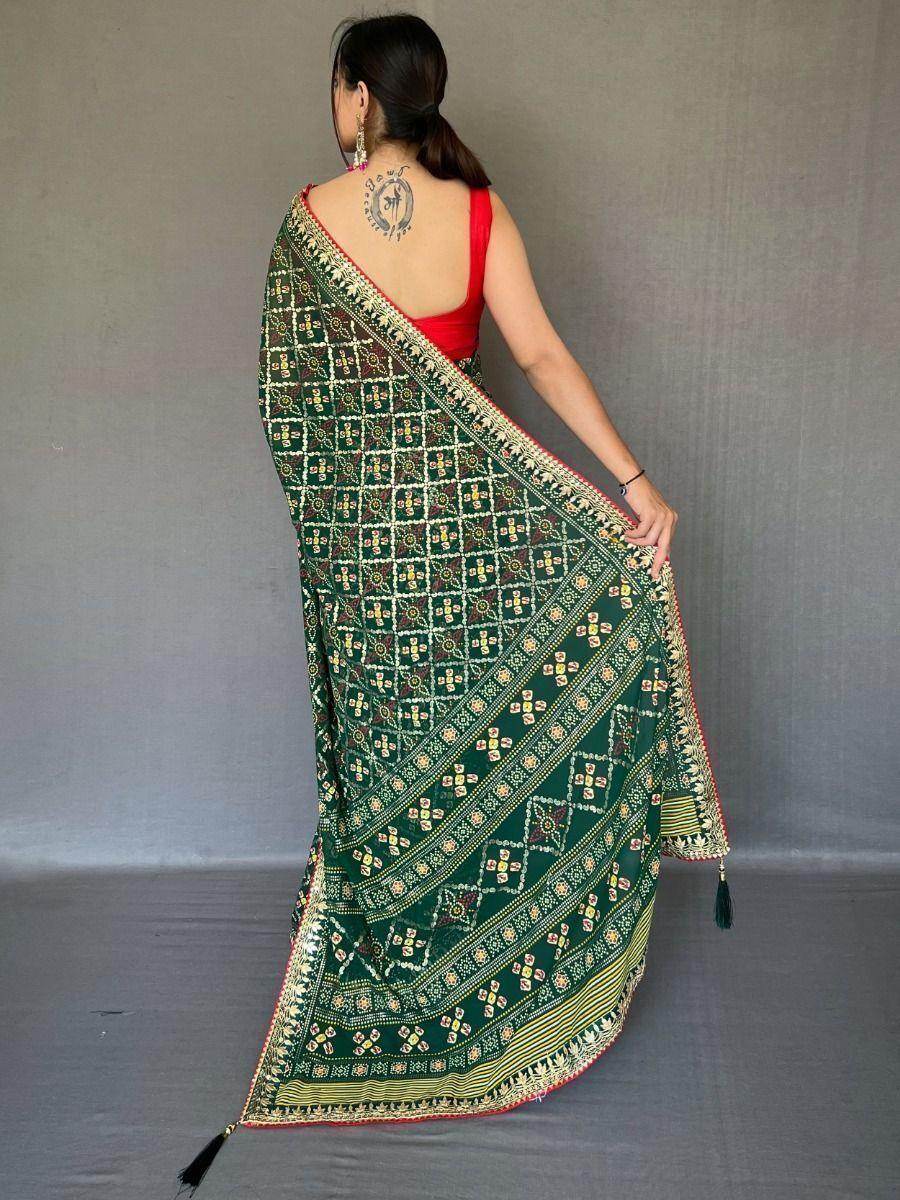 Adorable Dark Green Printed Georgette Wedding Wear Saree With Blouse - Zeel Clothing
