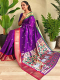 Adorable Dark Purple Pichwai Printed Silk Wedding Wear Saree With Blouse - Zeel Clothing