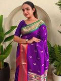 Adorable Dark Purple Pichwai Printed Silk Wedding Wear Saree With Blouse - Zeel Clothing