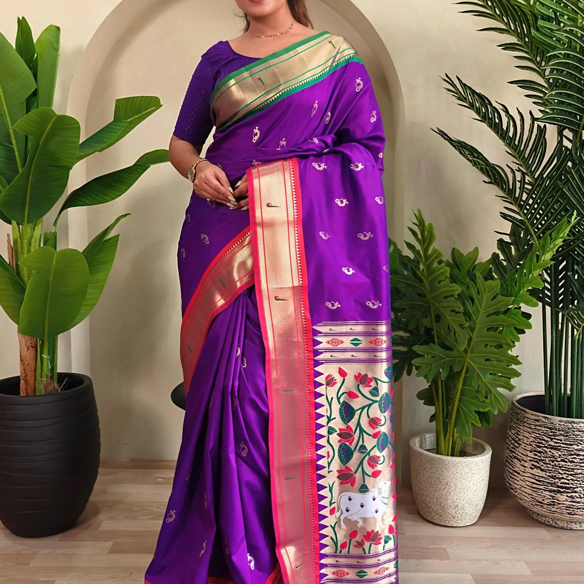 Adorable Dark Purple Pichwai Printed Silk Wedding Wear Saree With Blouse - Zeel Clothing
