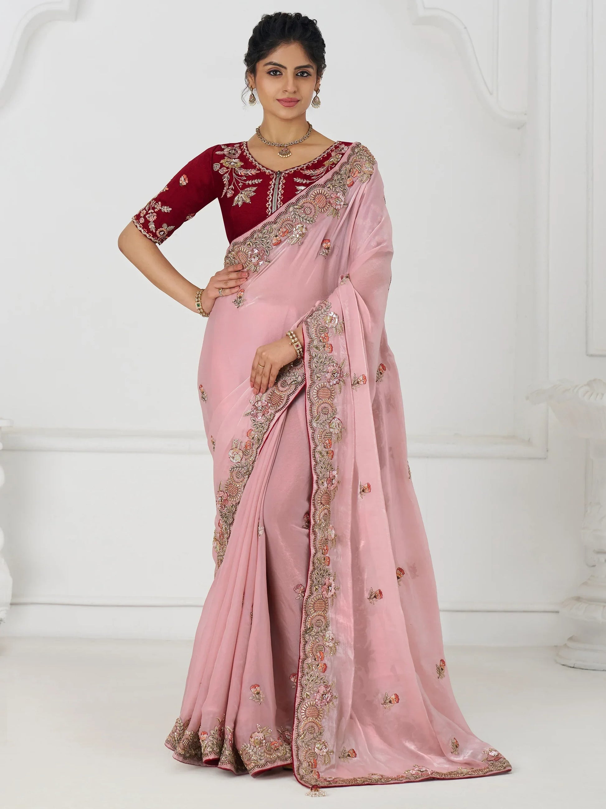 Adorable Dusty Pink Sequins Silk Engagement Wear Saree With Blouse - Zeel Clothing
