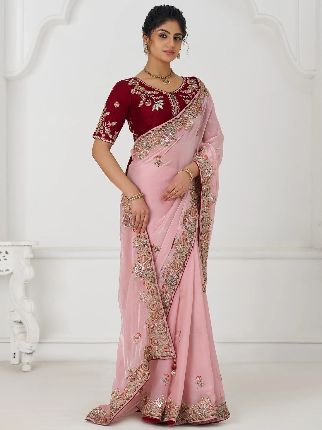 Adorable Dusty Pink Sequins Silk Engagement Wear Saree With Blouse - Zeel Clothing