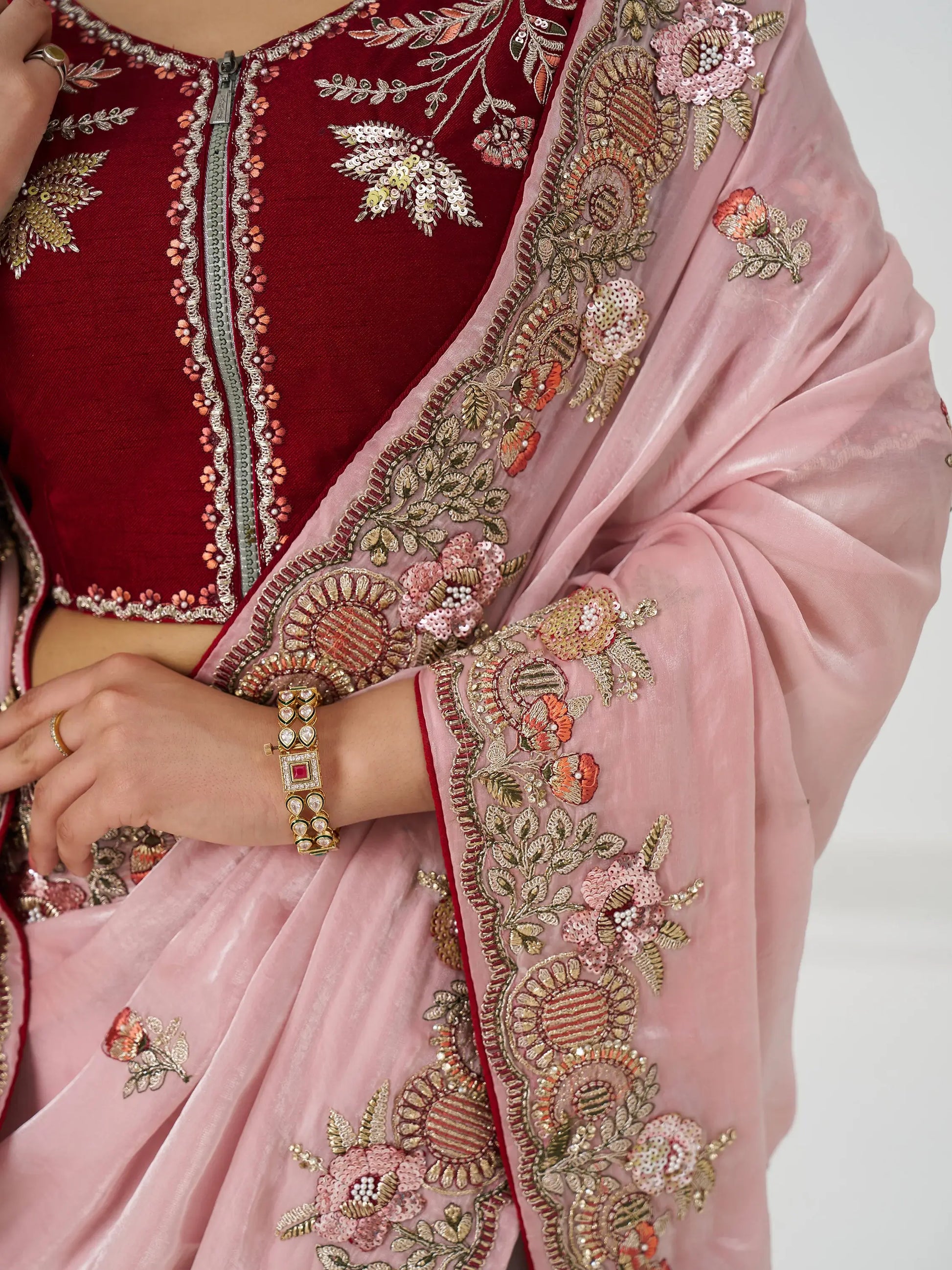 Adorable Dusty Pink Sequins Silk Engagement Wear Saree With Blouse - Zeel Clothing