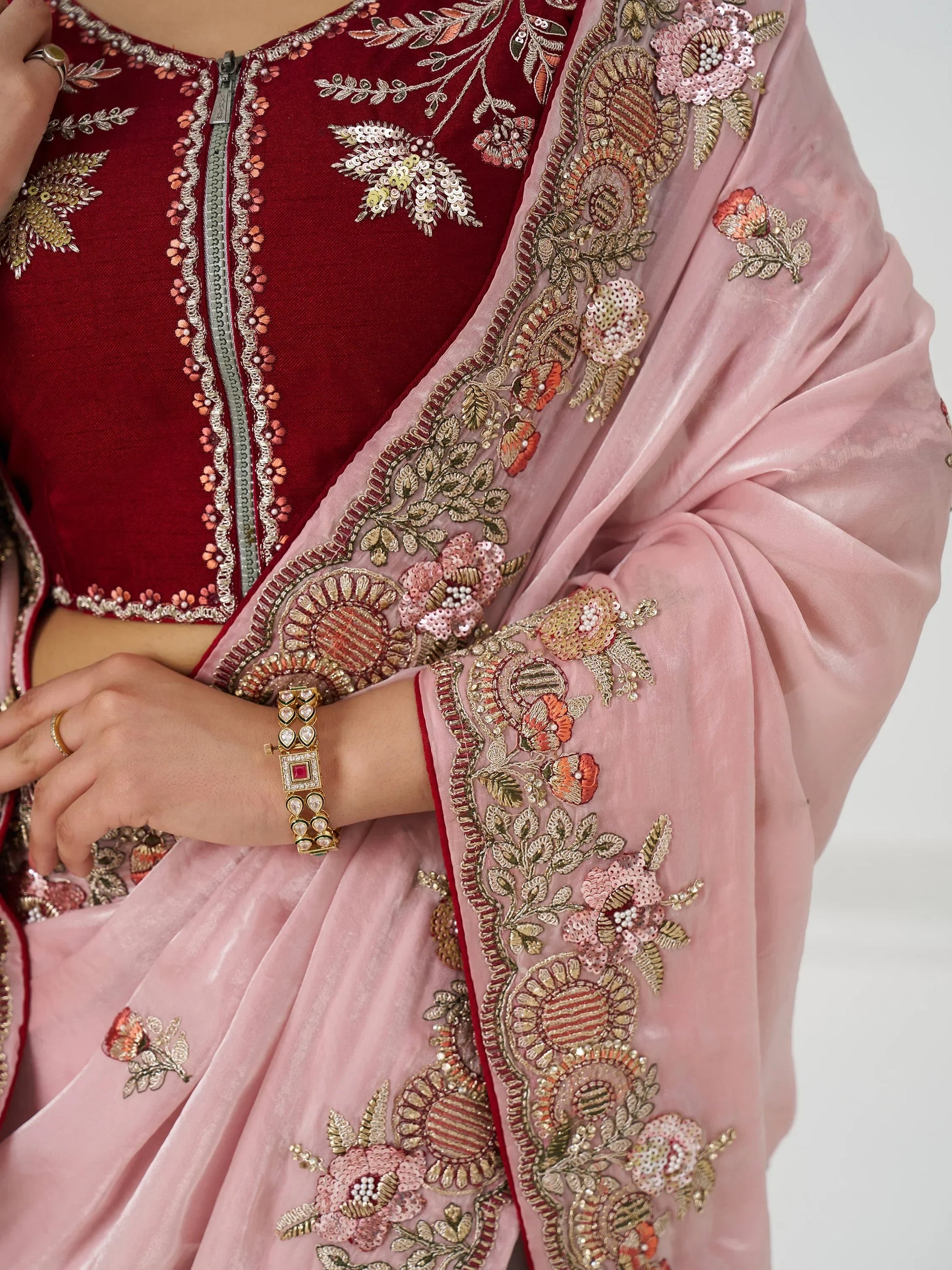 Adorable Dusty Pink Sequins Silk Engagement Wear Saree With Blouse - Zeel Clothing