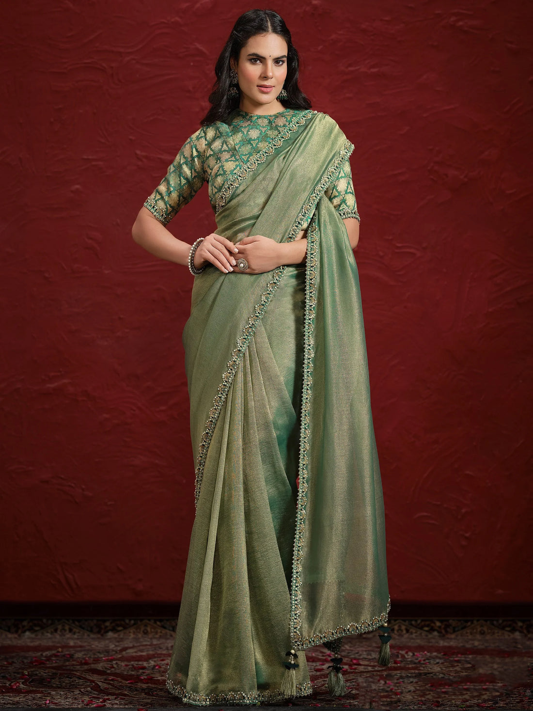 Adorable Green Lace Work Banarasi Silk Designer Saree With Blouse - Zeel Clothing