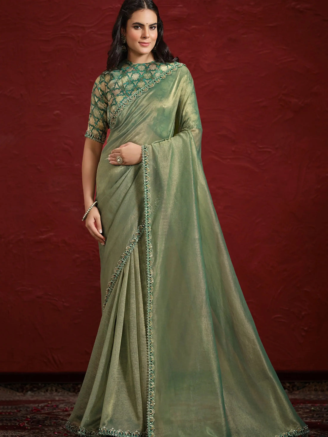 Adorable Green Lace Work Banarasi Silk Designer Saree With Blouse - Zeel Clothing