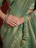 Adorable Green Lace Work Banarasi Silk Designer Saree With Blouse - Zeel Clothing