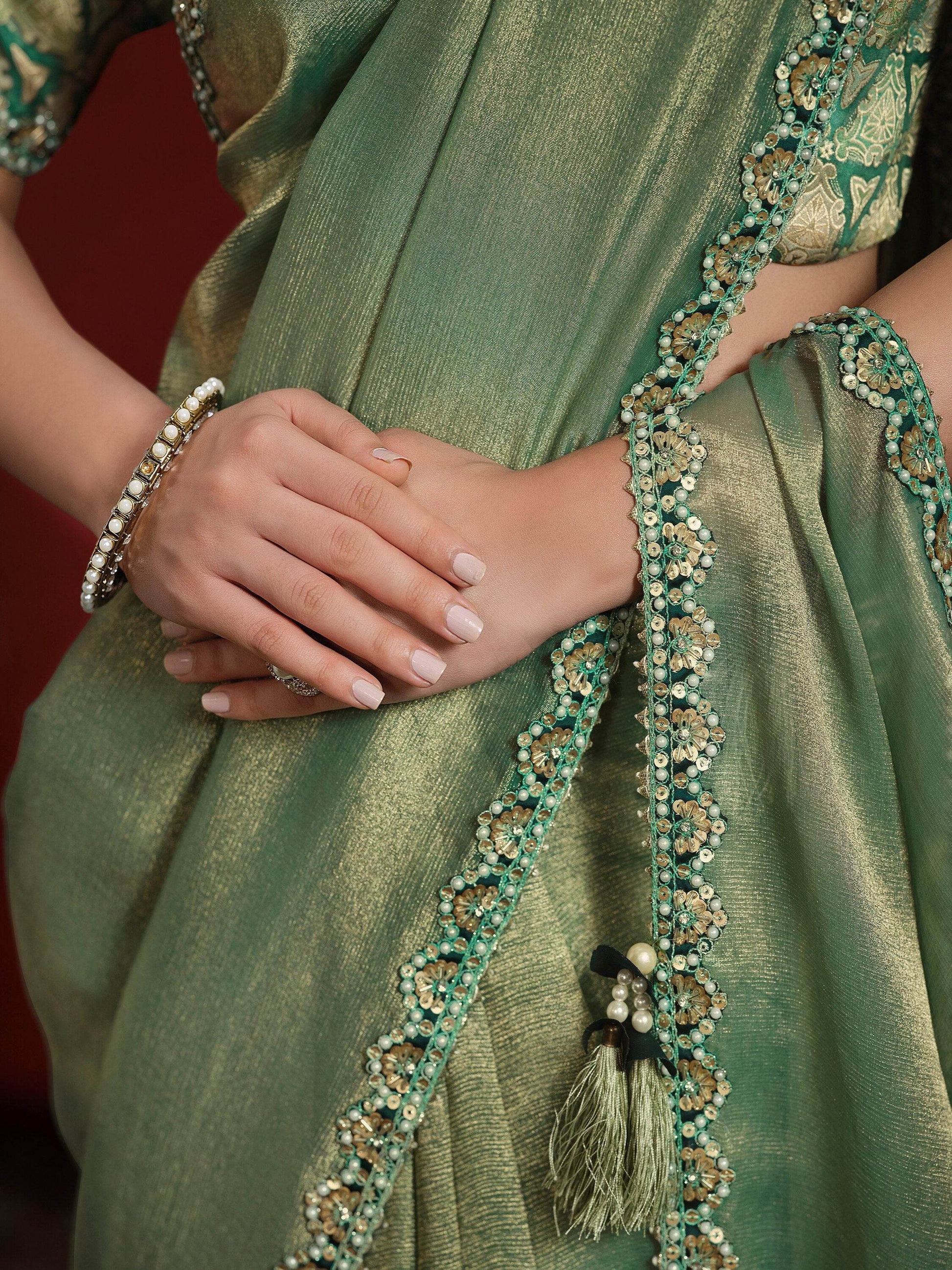 Adorable Green Lace Work Banarasi Silk Designer Saree With Blouse - Zeel Clothing