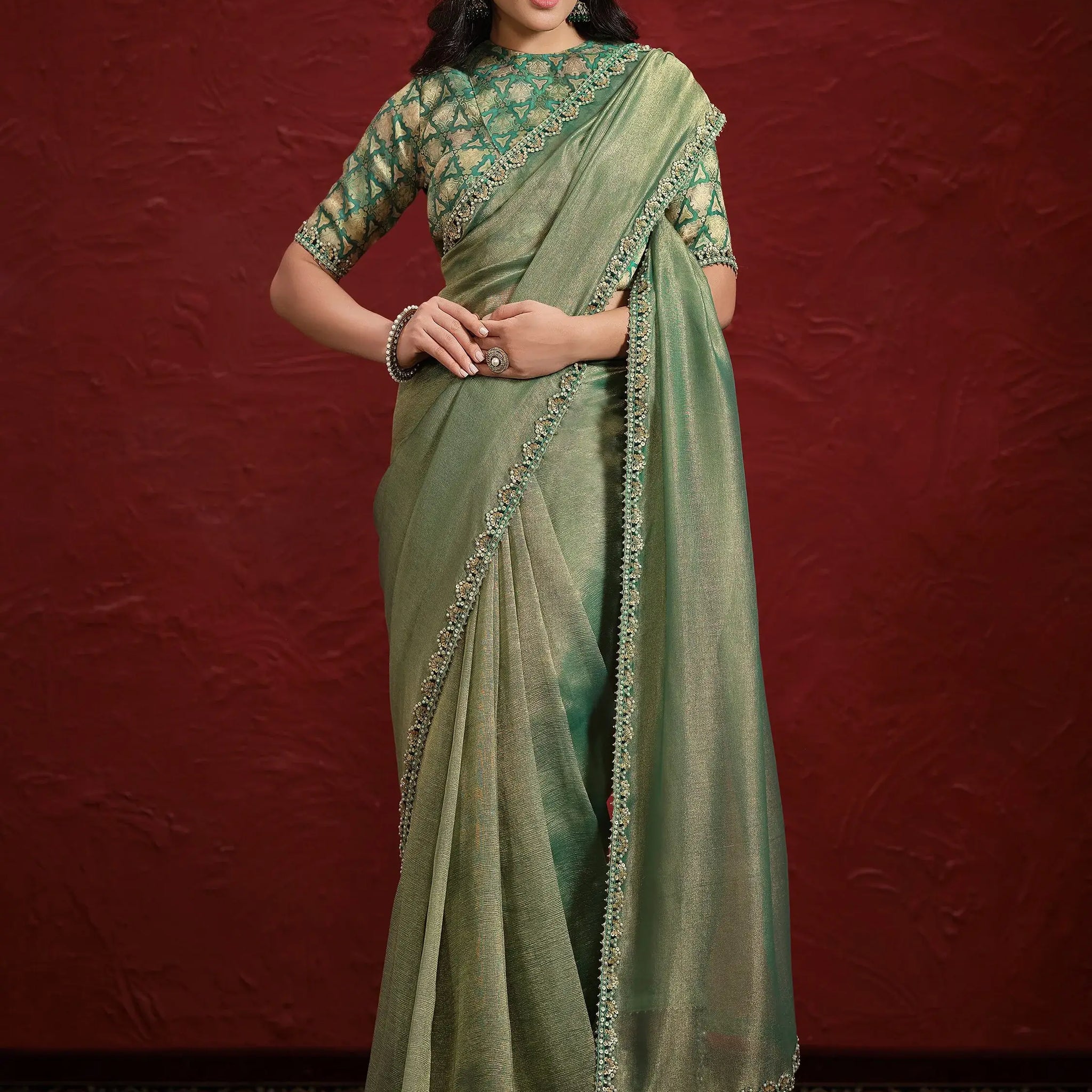 Adorable Green Lace Work Banarasi Silk Designer Saree With Blouse - Zeel Clothing