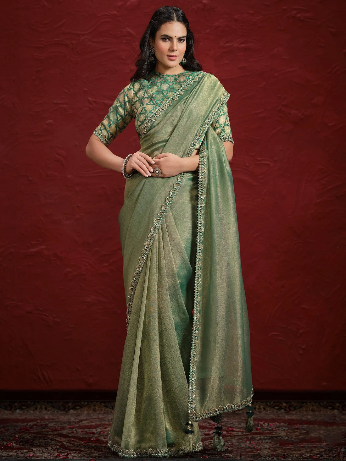 Adorable Green Lace Work Banarasi Silk Designer Saree With Blouse - Zeel Clothing