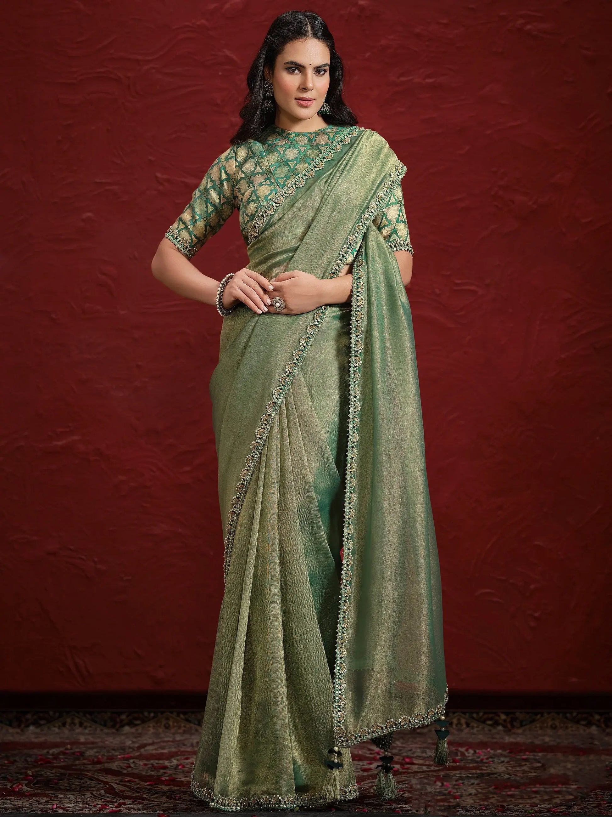 Adorable Green Lace Work Banarasi Silk Designer Saree With Blouse - Zeel Clothing