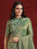 Adorable Green Lace Work Banarasi Silk Designer Saree With Blouse - Zeel Clothing