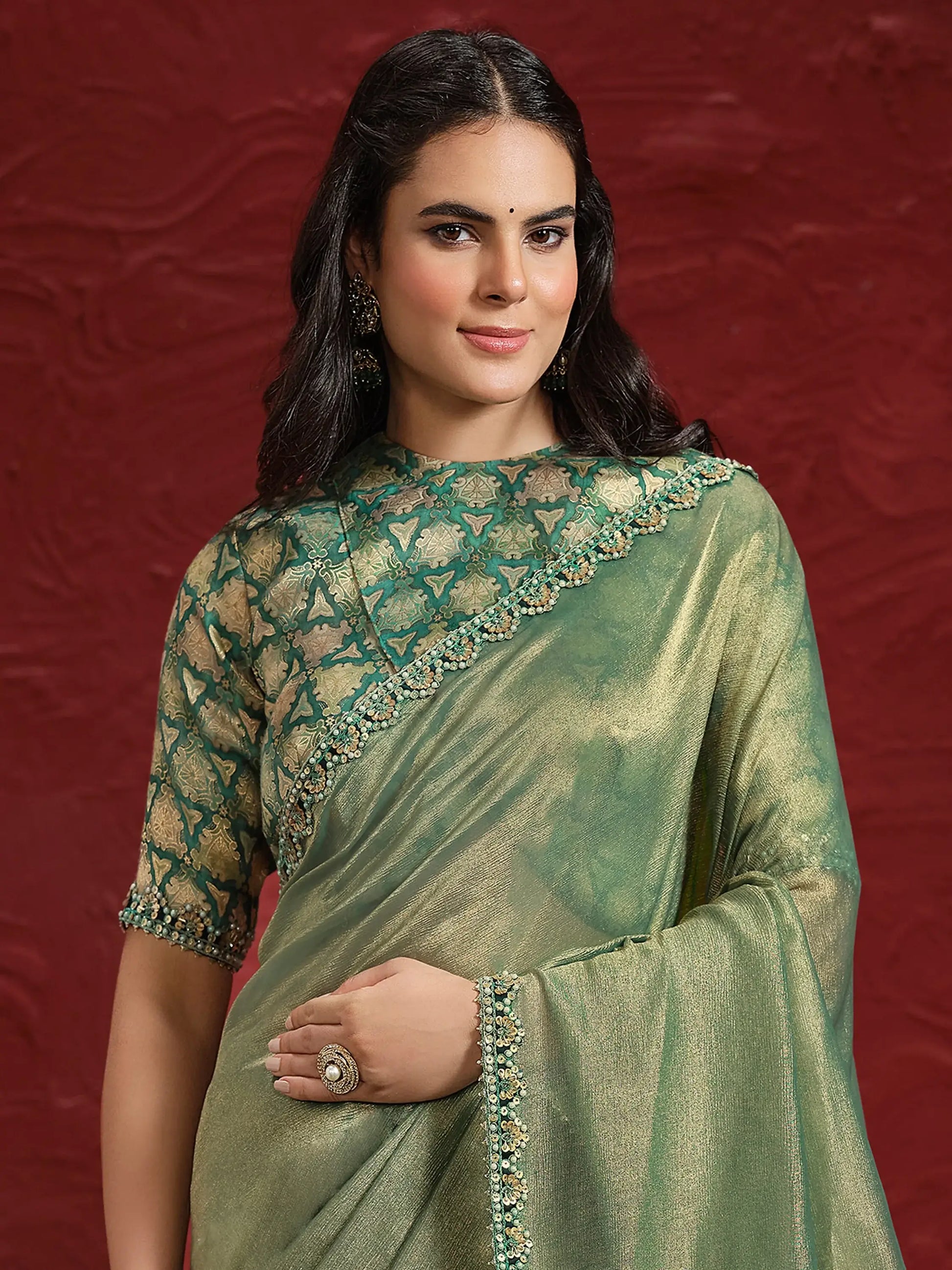 Adorable Green Lace Work Banarasi Silk Designer Saree With Blouse - Zeel Clothing
