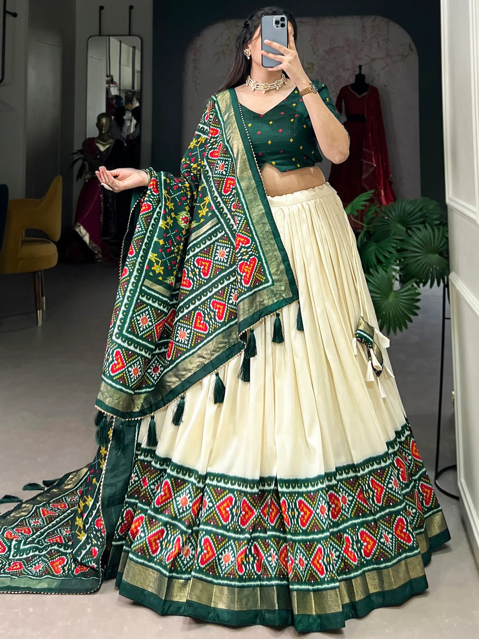 Adorable Green Patola Printed Tussar Silk Event Wear Lehenga Choli - Zeel Clothing