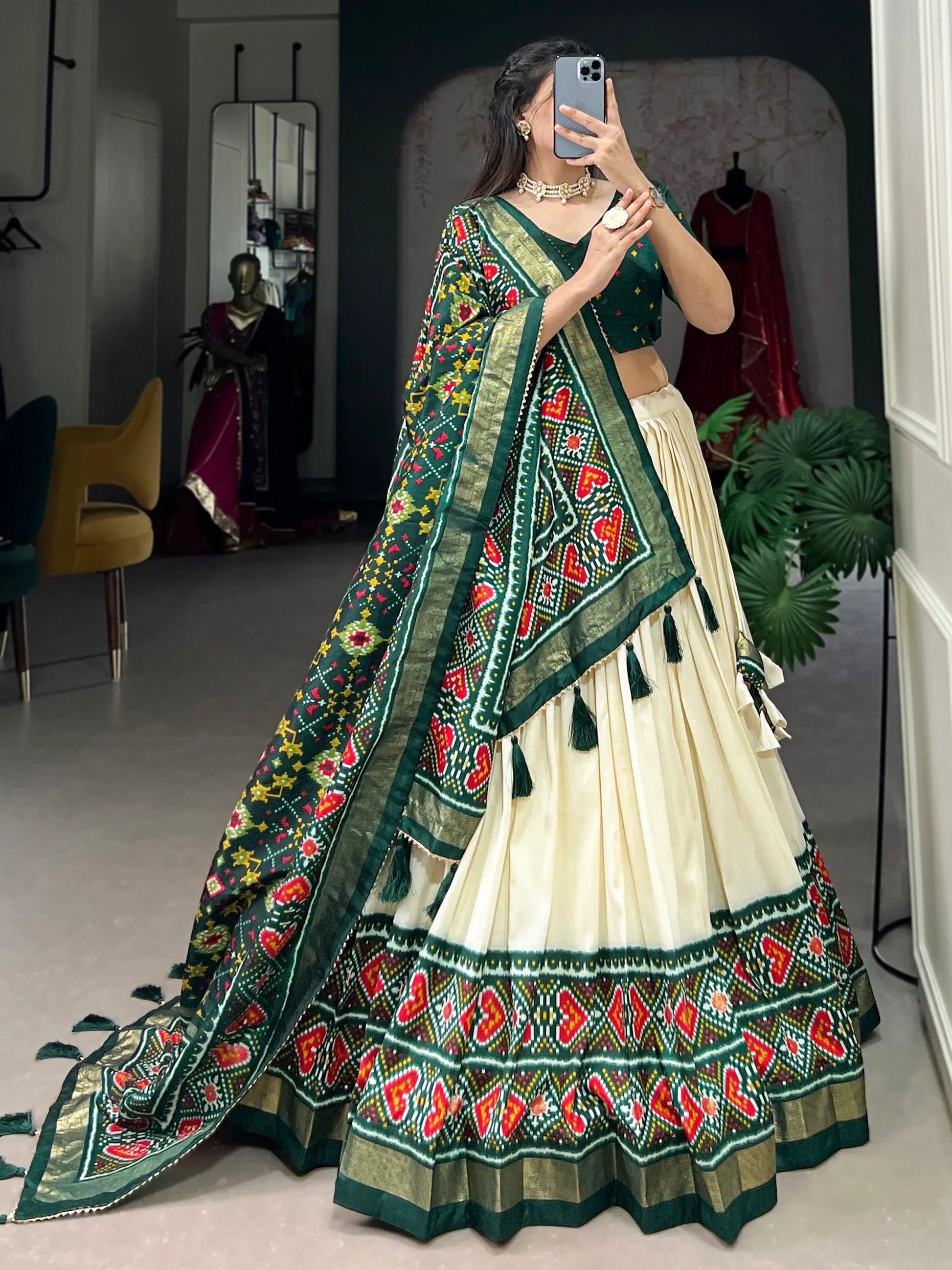 Adorable Green Patola Printed Tussar Silk Event Wear Lehenga Choli - Zeel Clothing